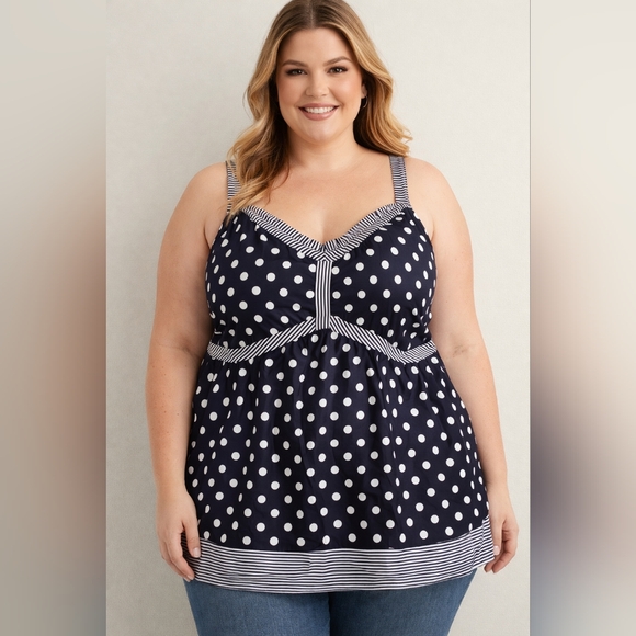 Coastal Chic Polka Dot Tank Top Plus 18/20W Summer Blouse Flowy Navy White - Picture 3 of 9